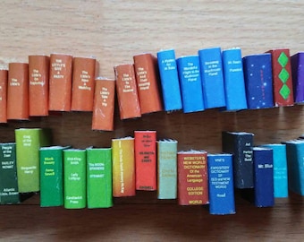 Op de afbeelding: Een verzameling miniatuurboeken met verschillende titels, waaronder "The Lion's Share", "The Moon and Sixpence", "Webster's New World Dictionary of the American Language" en "The Middle Moffat". De boeken zijn in twee rijen op een houten oppervlak gerangschikt.