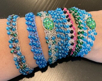 OOAK Peacock pendant Aqua blue bling bracelet medium slip on wristband