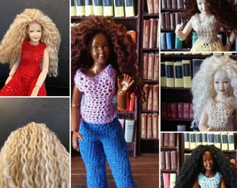 OOAK 1:12 scale blond black brown or red wig fit miniature dolls Handmade permed curly hair