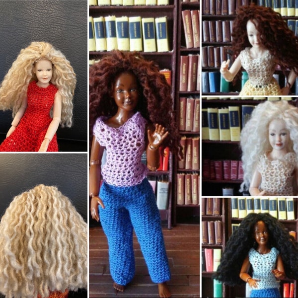 OOAK 1:12 scale blond black brown or red wig fit miniature dolls Handmade permed curly hair