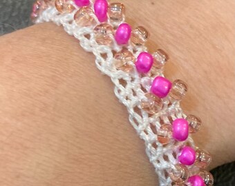 OOAK whitecrochet bracelet pink beaded bling wristband slip on jewelry small