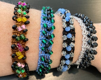 Bracelet black crochet with glass beads slip on jewelry