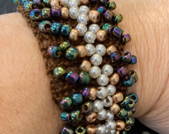 OOAK bling pearl gold Slip on wristband beaded 1.5 inch wide bracelet