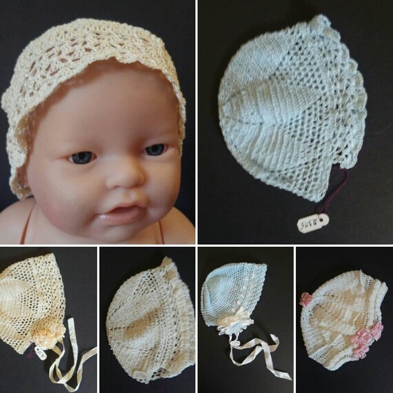Crochet Doll Bonnet Hat Fits 11 15 Medium Head Circumference For Antique Or Modern Dolls Ecru Blue White
