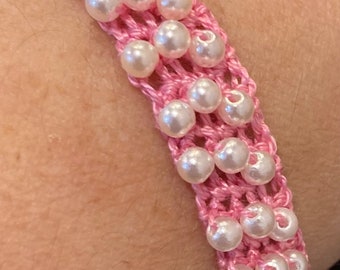Pink crochet bling bracelet wristband with Pearl beading slip on jewelry