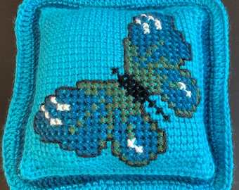 Butterfly pillow crochet handmade small decor blue pillow