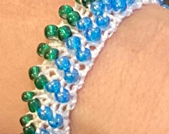 Bling Green & blue bracelet small medium slip on beaded wristband