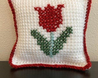 Red Tulip pillow crochet handmade small decor pillow