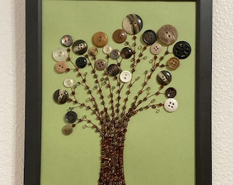 Button Art 9x11 abstract tree brown green grey white copper beads in black frame