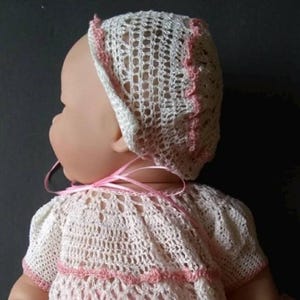 Crocheted Baby Doll dress, bonnet booties for 12-15&quot; tall doll including 15&quot; Berenguer dolls Reborn Artist Kewpie