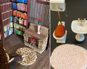 RUG PINK or TAN braided carpet throw rug for 1/12 scale mini bedroom living room bathroom