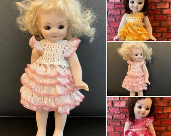 Crochet tiny 6-8 inch doll tutu ruffled dress, panties, socks