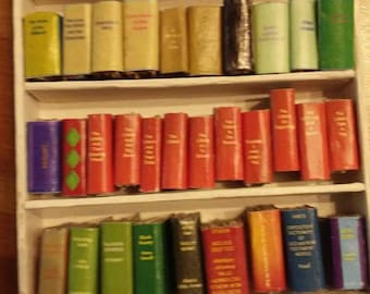 May include: A white bookshelf with five shelves filled with rows of small, colorful books. The books are arranged by color, with blue books on the top shelf, yellow books on the second shelf, red books on the third shelf, green books on the fourth shelf, and blue books on the bottom shelf.
