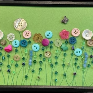 Cheerful Button Art 5x7 flower buttons picture in black frame Spring butterfly whimsical