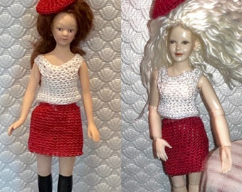 1:12 scale Paris red outfit doll set skirt top beret
