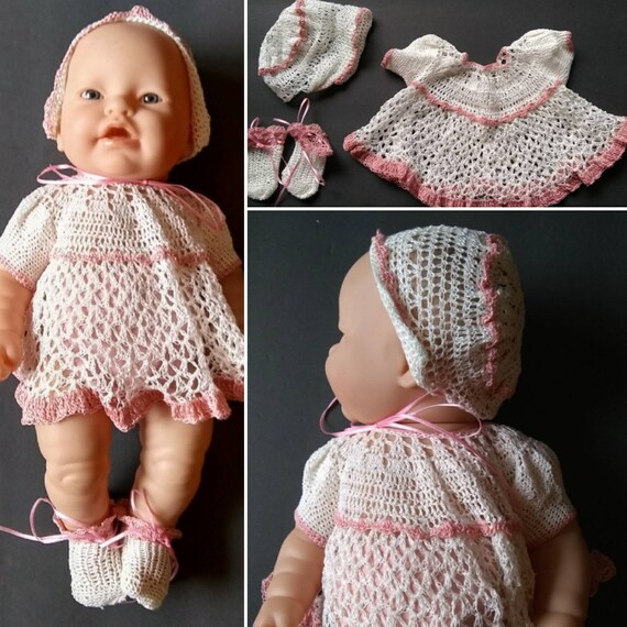 Crocheted Baby Doll Dress Bonnet Booties For 12 15 Tall Doll Including 15 Berenguer Dolls Reborn Artist Kewpie White Peach Blue Crocheted Baby Doll Dress Bonnet Booties For 12 15 Tall Doll Including 15 Berenguer Dolls Reborn Artist Kewpie White Peach Blue