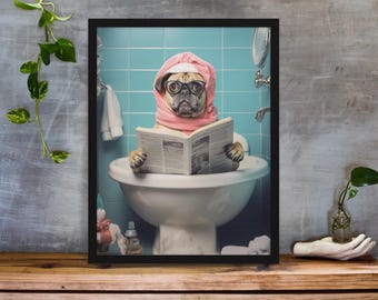 Funny Dog Bathroom Canvas | Cute Dog Reading Newspaper Wall Art, Pet Lover Décor & Bathroom Humor Poster