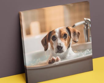 Cute Puppy Bathroom Canvas | Funny Dog Taking Bath Wall Art, Pet Lover Décor & Bathroom Humor Poster