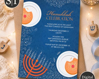 Chanukka-Einladung | Jüdische Feiertags-Party Einladung | Chanukka Feier einladen | Druckbare Digitale Datei | Menora & Dreidel
