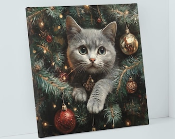 かわいいクリスマス猫キャンバス | おもしろい子猫のウォールアート、ホリデーデコレーション、ペット愛好家へのギフト、猫ママへのギフト、居心地の良いホームデコレーション