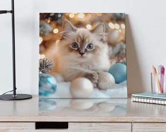 かわいいクリスマス猫キャンバス | おもしろ猫ウォールアート、ホリデーデコレーション、ペット愛好家へのギフト、猫ママへのギフト、居心地の良いホームデコレーション