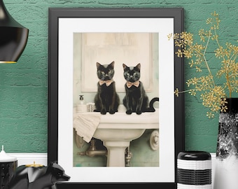 Two Cute Black Cats Sitting in Bathroom | Funny Cat Bathroom Wall Art | Cute Cat Canvas Print | Black Cat Decor | Pet Lover Gift