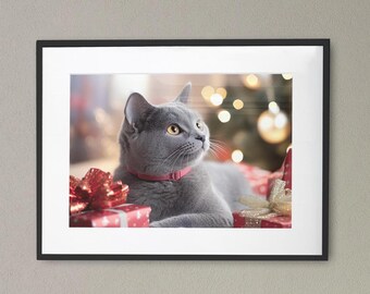 かわいいクリスマス猫のキャンバス | クリスマスツリーで遊ぶ子猫のウォールアート、ホリデーデコレーション、ペット愛好家へのギフト、居心地の良いホームポスター