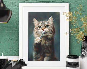 Funny Kitten Poster | Cute Cat Holding Toothbrush Wall Art for Dentist Office, Bathroom Décor & Pet Lovers