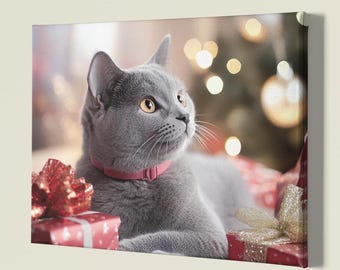 かわいいクリスマス猫キャンバス | おもしろ猫ウォールアート、ホリデーデコレーション、ペット愛好家へのギフト、猫ママへのギフト、居心地の良いホームデコレーション