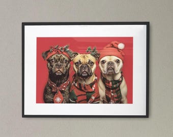 Cute Three Dogs Celebrating Christmas | Funny Holiday Pet Wall Art | Festive Dog Canvas Print | Cute Dog Lover Gift | Christmas Decor
