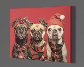 クリスマスを祝うかわいい3匹の犬 | 面白いホリデーペットウォールアート | お祝いの犬のキャンバスプリント | かわいい犬好きへのギフト | クリスマスデコレーション