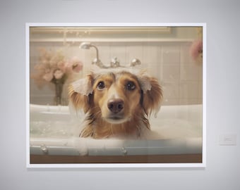 Cute Puppy Bathroom Canvas | Funny Dog Taking Bath Wall Art, Pet Lover Décor & Bathroom Humor Poster
