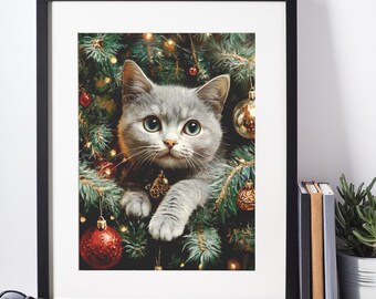 かわいいクリスマス子猫キャンバス | クリスマスツリーで遊ぶ猫の壁アート、ホリデーデコレーション、ペット愛好家へのギフト、居心地の良いホームポスター