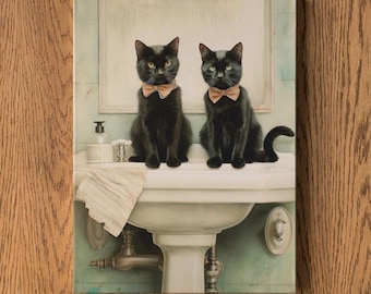 Two Cute Black Cats Sitting in Bathroom | Funny Cat Bathroom Wall Art | Cute Cat Canvas Print | Black Cat Decor | Pet Lover Gift