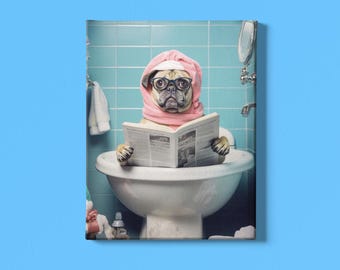 Funny Dog Bathroom Canvas | Cute Dog Reading Newspaper Wall Art, Pet Lover Décor & Bathroom Humor Poster