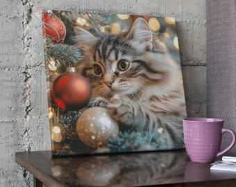 かわいいクリスマス猫キャンバス | おもしろ猫ウォールアート、ホリデーデコレーション、ペット愛好家へのギフト、猫ママへのギフト、居心地の良いホームデコレーション