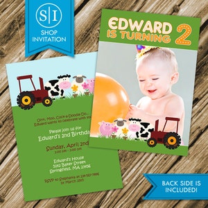 Photo Farm Tractor Animals Cow Pig Sheep Birthday Party Invitation (DIGITAL ONLY)