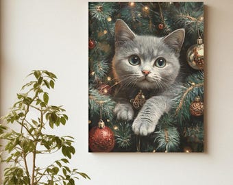 Cute Christmas Cat Canvas | Funny Kitten Wall Art, Holiday Décor, Pet Lover Gift, Cat Mom Gift & Cozy Home Print