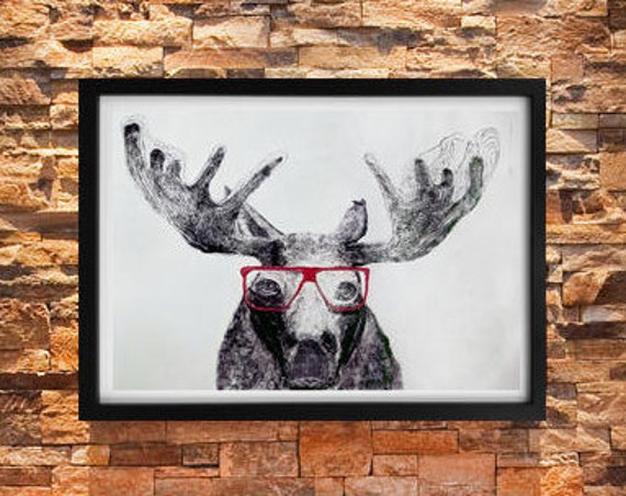 Moose In Glasses 38 x 26 - Original Hand Pulled Print - Mono-Type Print