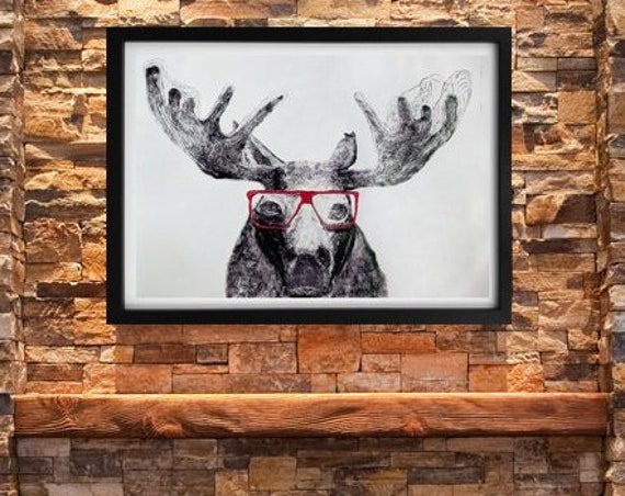 Moose in Glasses - Stretched Canvas Reproduction - Ready to Hang