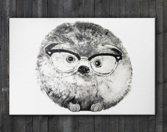 Baby Hedge Hog In Glasses Stretched Canvas Reproduction / great gift!