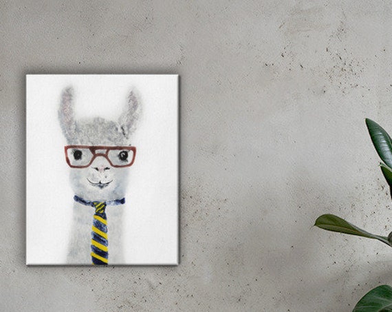Hipster Llama in Glasses with Tie - Reproduction - Stretched Canvas.
