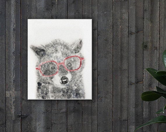 Baby Raccoon in Glasses Fuzzy Ghost Print - Reproduction - Stretched Canvas