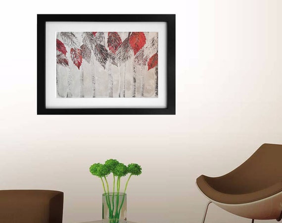 Little Red Riding Woods 1/1 Original Monotype Gelatin Print Birch Trees in Winter