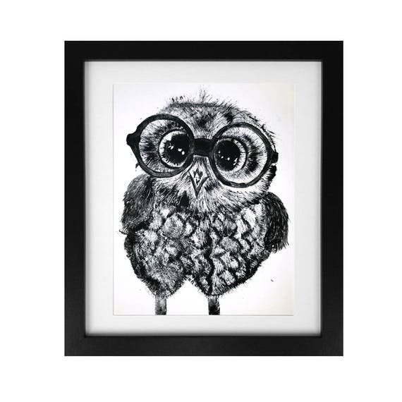 Owl in Glasses Monotype Print Image 12 x 16 - Original