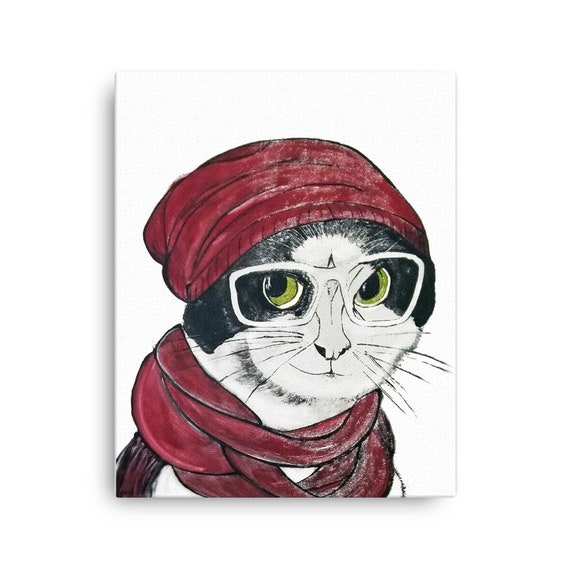 Hipster Cat in Hat and Glasses - Stretched Canvas Reproduction of Original Monotype Print