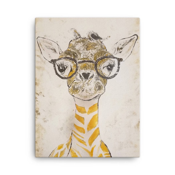 Baby Giraffe in Glasses - Reproduction On Canvas - Many Sizes available. Ready to Hang Home Decor