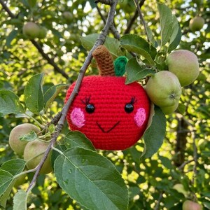 May include: A handmade red crochet apple with a smiling face, pink cheeks, and black eyes hangs from a tree branch. The apple has a brown stem and green leaf. Green apples and foliage fill the background.