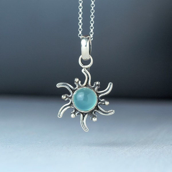 Sterling Silver Sun Necklace / Aqua blue Chalcedony Pendant / Sea Foam Blue Green Gemstone charm