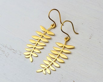 Leaf Dangle Earrings / Fern Drop Earrings / Sterling Silver Botanical Jewelry / Gift for women / Large gold leaf / Wedding Jewelry